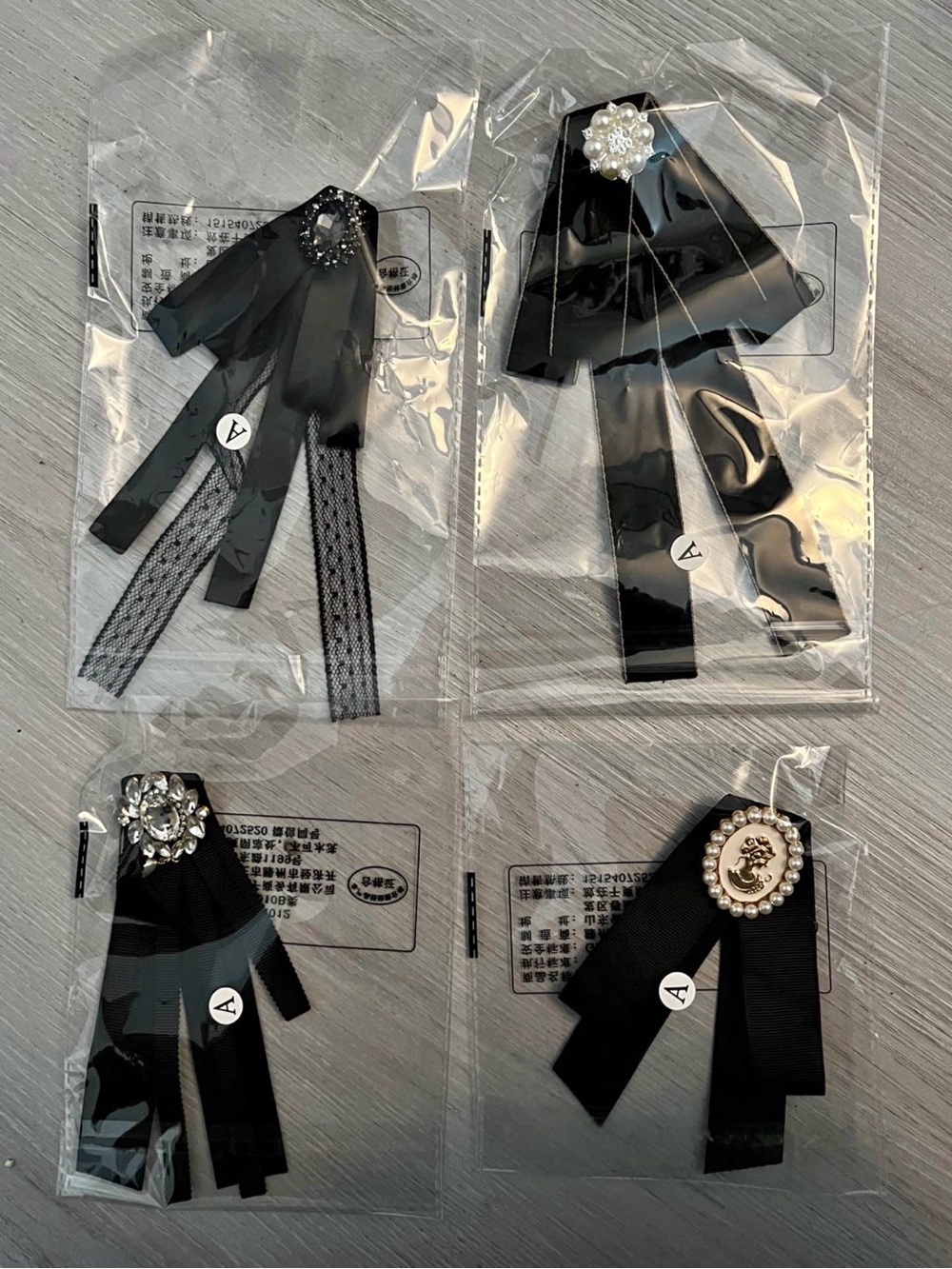 All 4 Elegant Black Satin Ribbon Brooch with Pearl and Crystal Accents